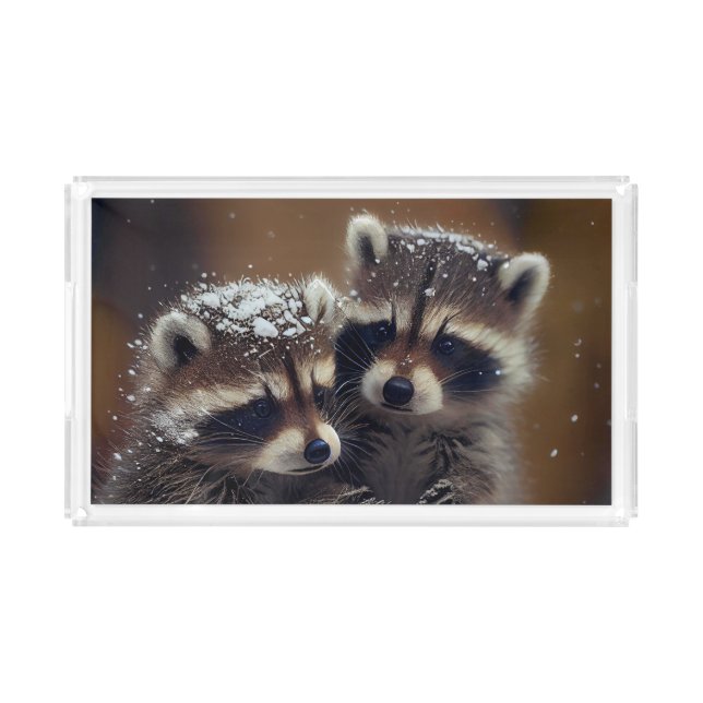 Baby Raccoons Huddle in Falling Snow Acrylic Tray (Front)