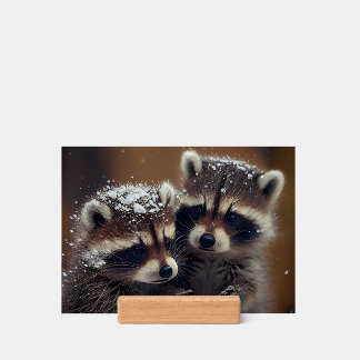Baby Raccoons Huddle in Falling Snow Add Photo Holder