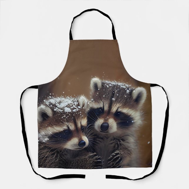 Baby Raccoons Huddle in Falling Snow Apron (Front)