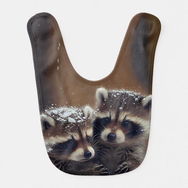 Baby Raccoons Huddle in Falling Snow Baby Bib (Front)