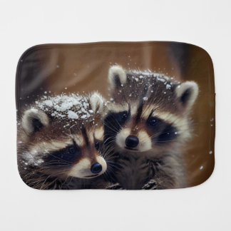 Baby Raccoons Huddle in Falling Snow Baby Burp Cloth