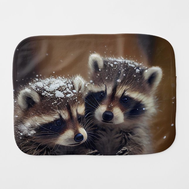 Baby Raccoons Huddle in Falling Snow Baby Burp Cloth (Front Horizontal)