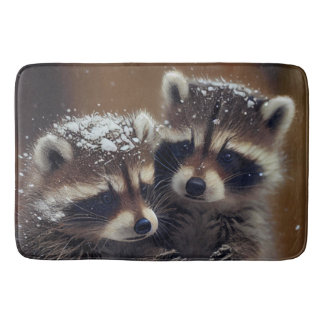 Baby Raccoons Huddle in Falling Snow Bath Mat