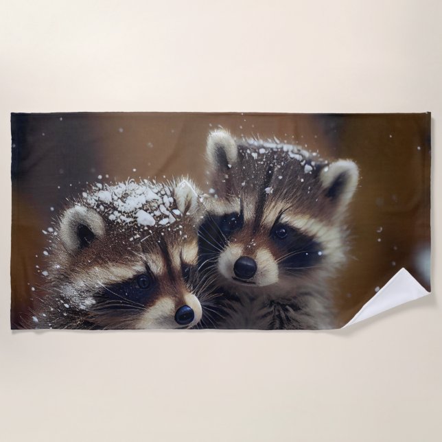 Baby Raccoons Huddle in Falling Snow Beach Towel (Front)