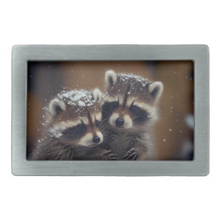 Baby Raccoons Huddle in Falling Snow Belt Buckle