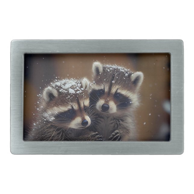 Baby Raccoons Huddle in Falling Snow Belt Buckle (Front)