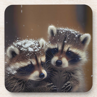 Baby Raccoons Huddle in Falling Snow Beverage Coaster