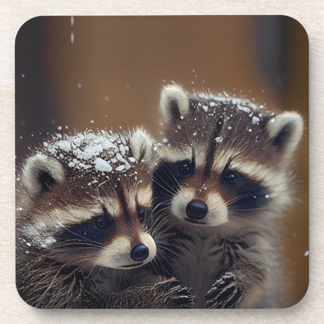 Baby Raccoons Huddle in Falling Snow Beverage Coaster (Front)