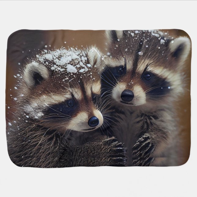 Baby Raccoons Huddle in Falling Snow Blanket (Horizontal)