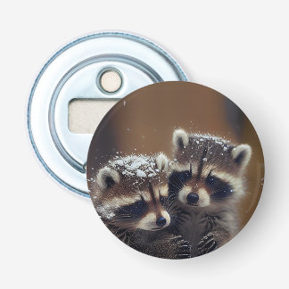 Baby Raccoons Huddle in Falling Snow Bottle Opener