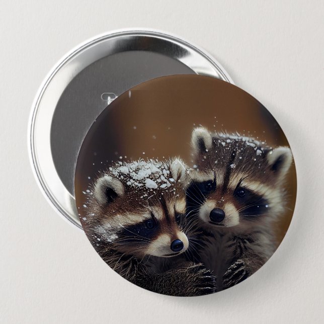 Baby Raccoons Huddle in Falling Snow Button (Front & Back)