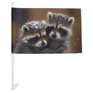 Baby Raccoons Huddle in Falling Snow Car Flag