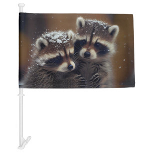 Baby Raccoons Huddle in Falling Snow Car Flag