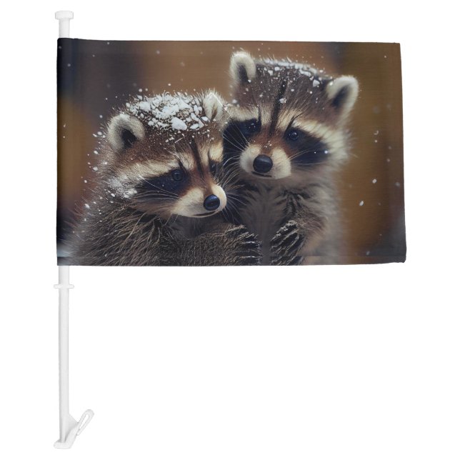 Baby Raccoons Huddle in Falling Snow Car Flag (Front)