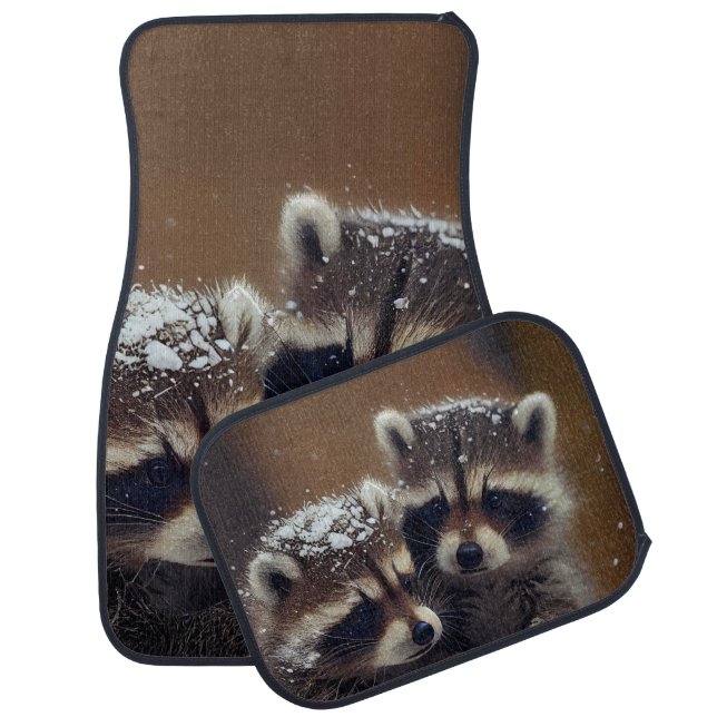 Baby Raccoons Huddle in Falling Snow Car Floor Mat (Set)
