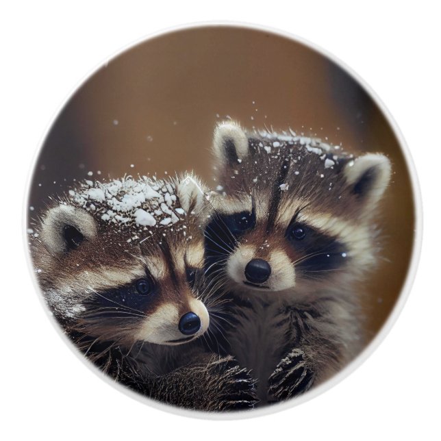 Baby Raccoons Huddle in Falling Snow Ceramic Knob (Front)