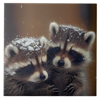 Baby Raccoons Huddle in Falling Snow Ceramic Tile