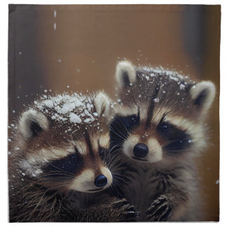 Baby Raccoons Huddle in Falling Snow Cloth Napkin