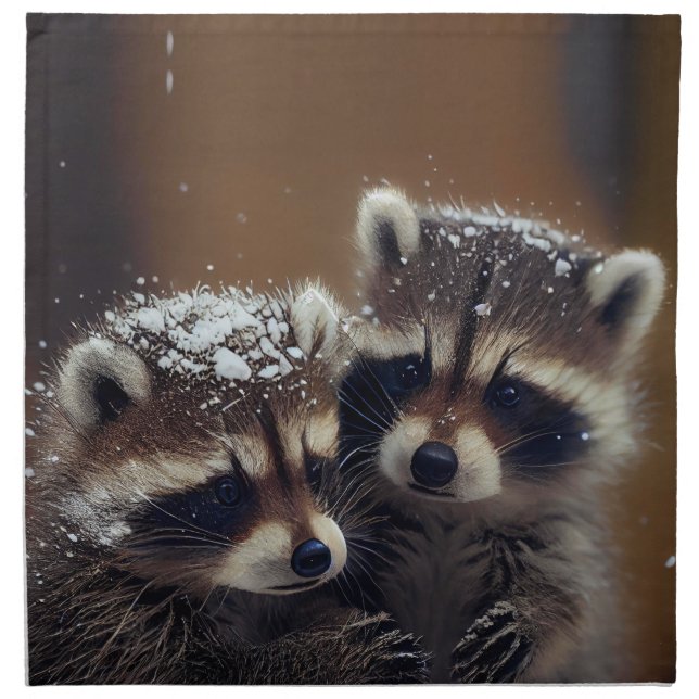Baby Raccoons Huddle in Falling Snow Cloth Napkin (Front)