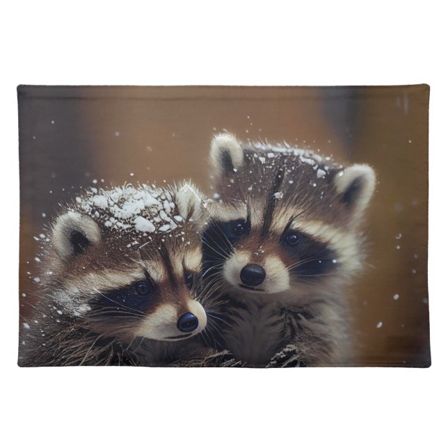 Baby Raccoons Huddle in Falling Snow Cloth Placemat (Front)