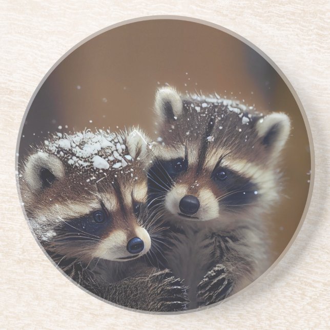Baby Raccoons Huddle in Falling Snow Coaster (Front)