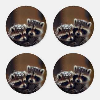 Baby Raccoons Huddle in Falling Snow Coaster Set