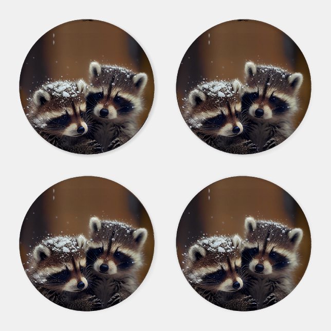 Baby Raccoons Huddle in Falling Snow Coaster Set (Set)