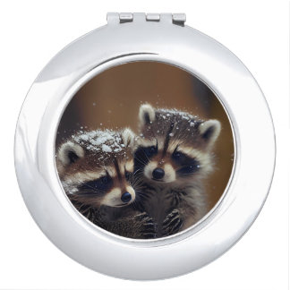 Baby Raccoons Huddle in Falling Snow Compact Mirror