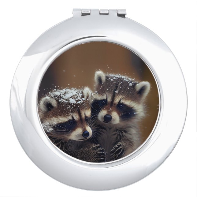 Baby Raccoons Huddle in Falling Snow Compact Mirror (Front)