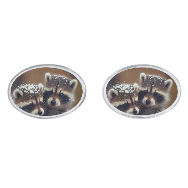 Baby Raccoons Huddle in Falling Snow Cufflinks (Front)