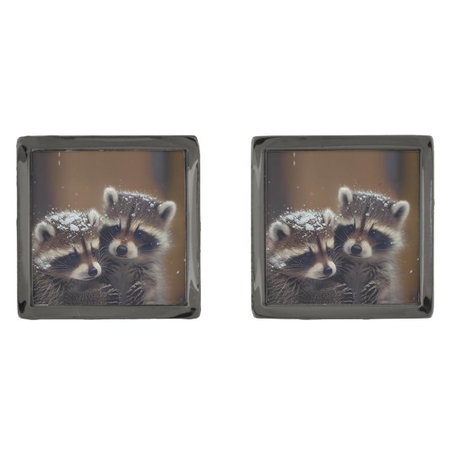Baby Raccoons Huddle in Falling Snow Cufflinks (Front)