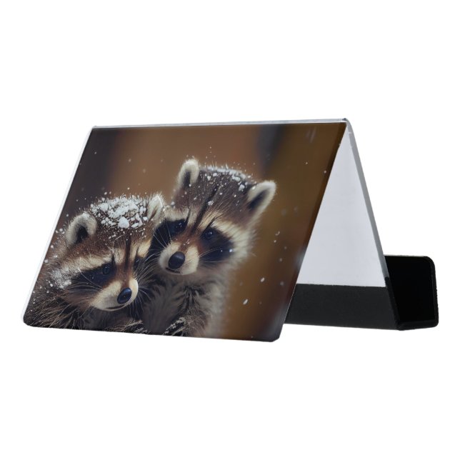 Baby Raccoons Huddle in Falling Snow Desk Business Card Holder (Angled Back)