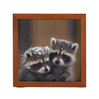 Baby Raccoons Huddle in Falling Snow Desk Organizer