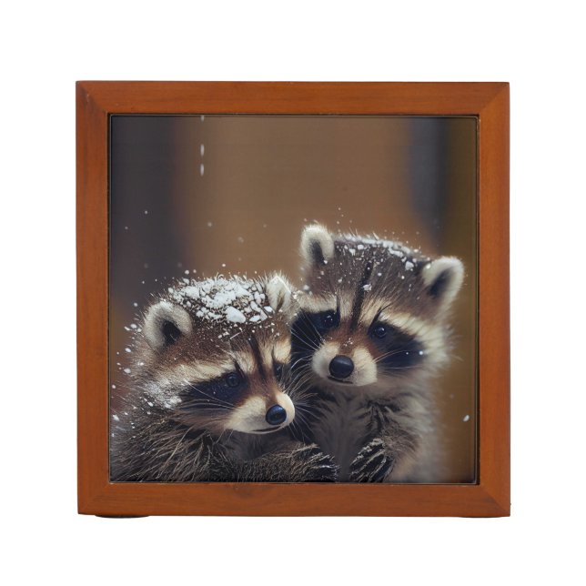 Baby Raccoons Huddle in Falling Snow Desk Organizer (Front)