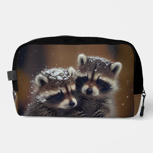 Baby Raccoons Huddle in Falling Snow Dopp Kit (Front)