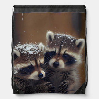 Baby Raccoons Huddle in Falling Snow Drawstring Bag