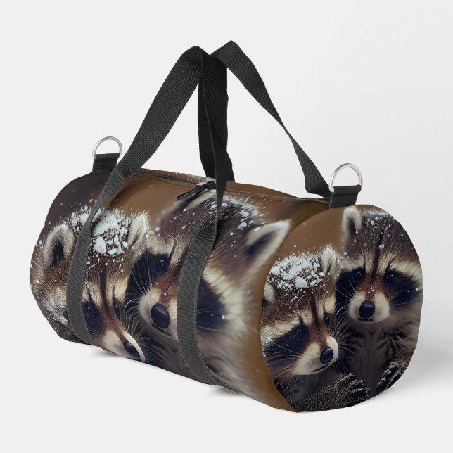 Baby Raccoons Huddle in Falling Snow Duffle Bag (Left Corner)