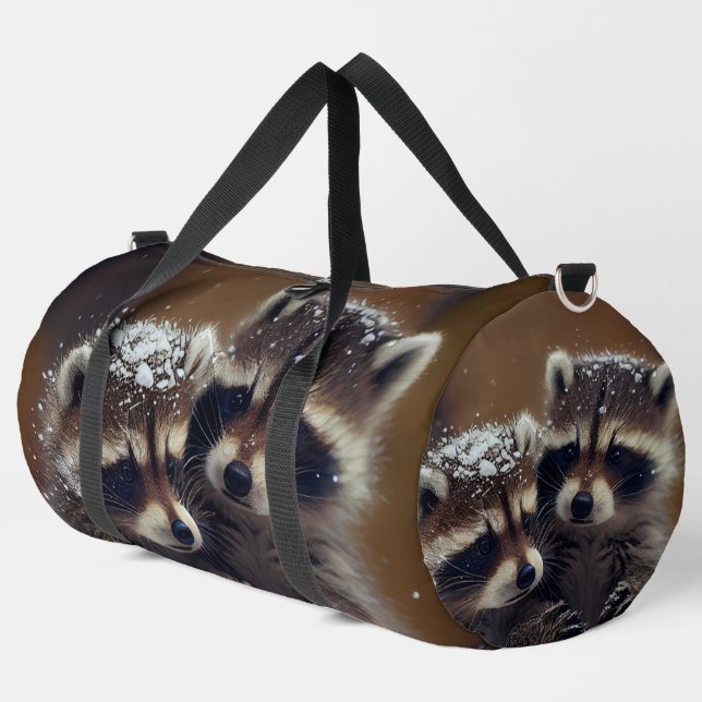 Baby Raccoons Huddle in Falling Snow Duffle Bag (Left Corner)