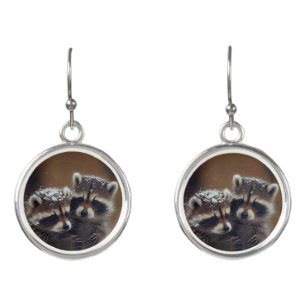 Baby Raccoons Huddle in Falling Snow Earrings