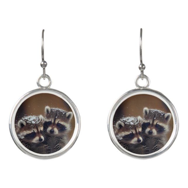 Baby Raccoons Huddle in Falling Snow Earrings (Front)