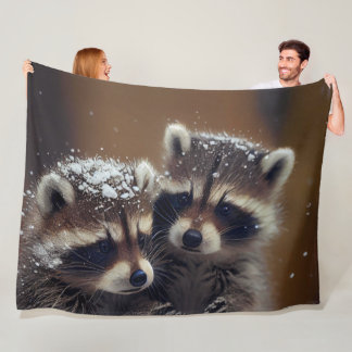 Baby Raccoons Huddle in Falling Snow Fleece Blanket