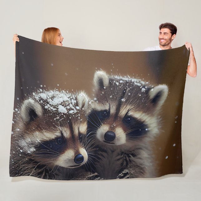 Baby Raccoons Huddle in Falling Snow Fleece Blanket (In Situ)