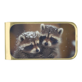 Baby Raccoons Huddle in Falling Snow Gold Finish Money Clip
