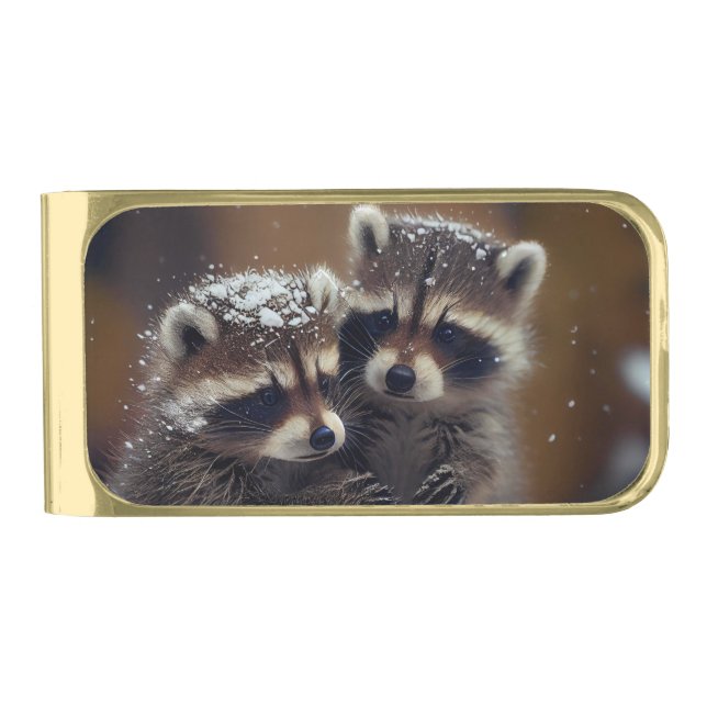 Baby Raccoons Huddle in Falling Snow Gold Finish Money Clip (Front)