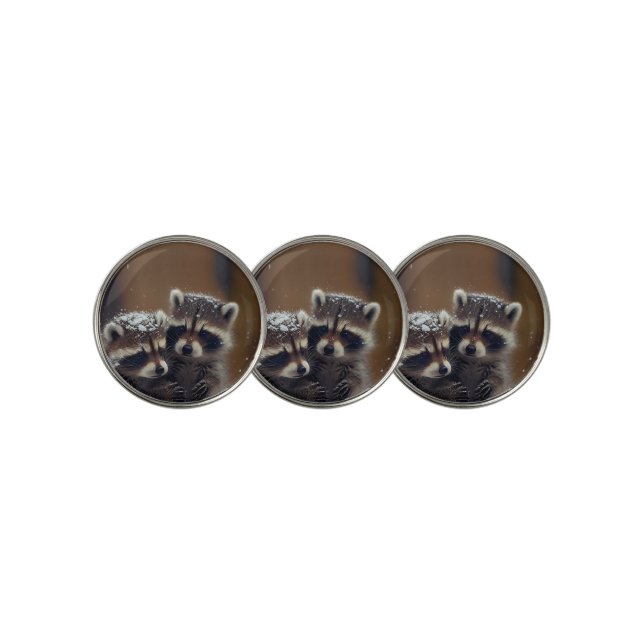 Baby Raccoons Huddle in Falling Snow Golf Ball Marker (3 Up)