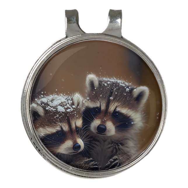 Baby Raccoons Huddle in Falling Snow Golf Hat Clip (Front)