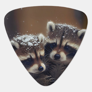 Baby Raccoons Huddle in Falling Snow Guitar Pick