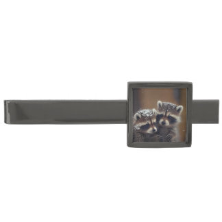 Baby Raccoons Huddle in Falling Snow Gunmetal Finish Tie Bar