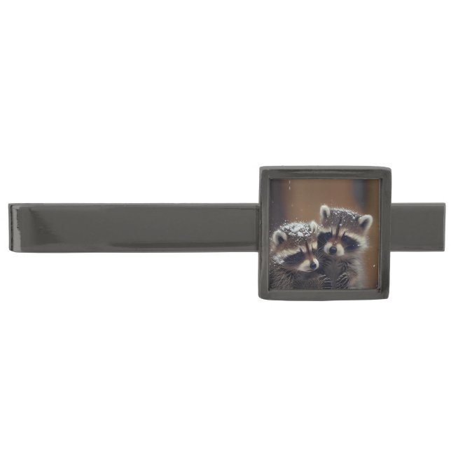 Baby Raccoons Huddle in Falling Snow Gunmetal Finish Tie Bar (Front)
