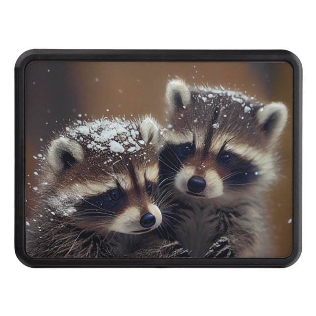 Baby Raccoons Huddle in Falling Snow Hitch Cover (Front)